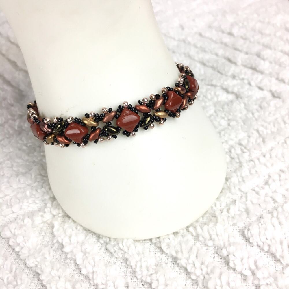 HANDMADE Rust, Gold & Brown Beadwoven Bracelet 7”